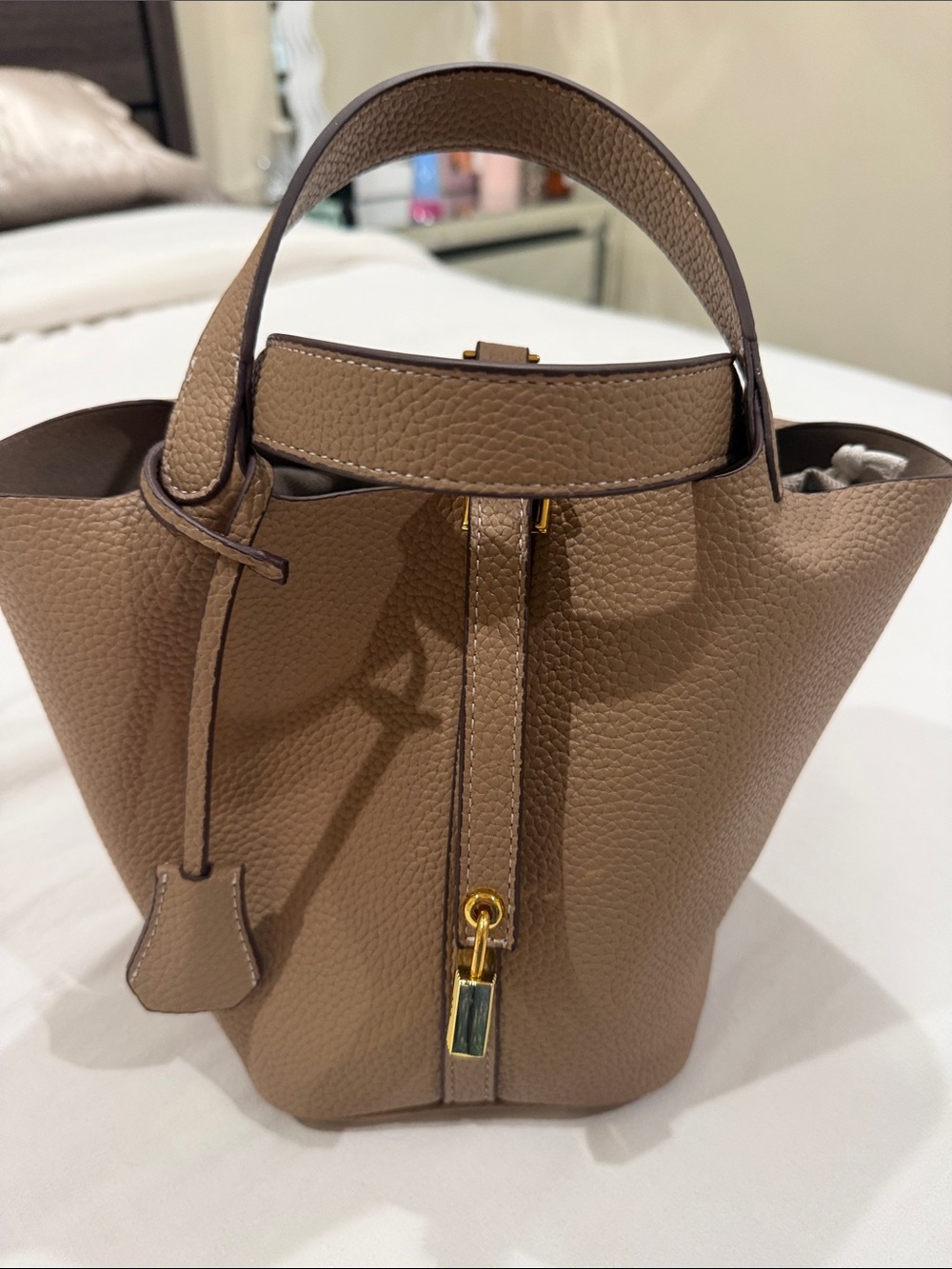 Taupe Pebbled Mini Bucket Bag with Top Handle
